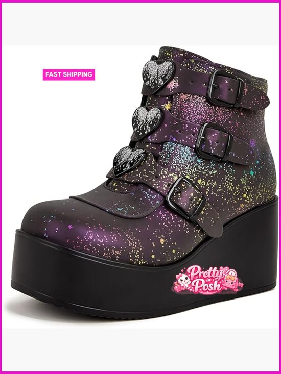 Shoes - Platform Chunky Ankle Boots Round Toe Zipper Wedges High Heels Rave Buckle